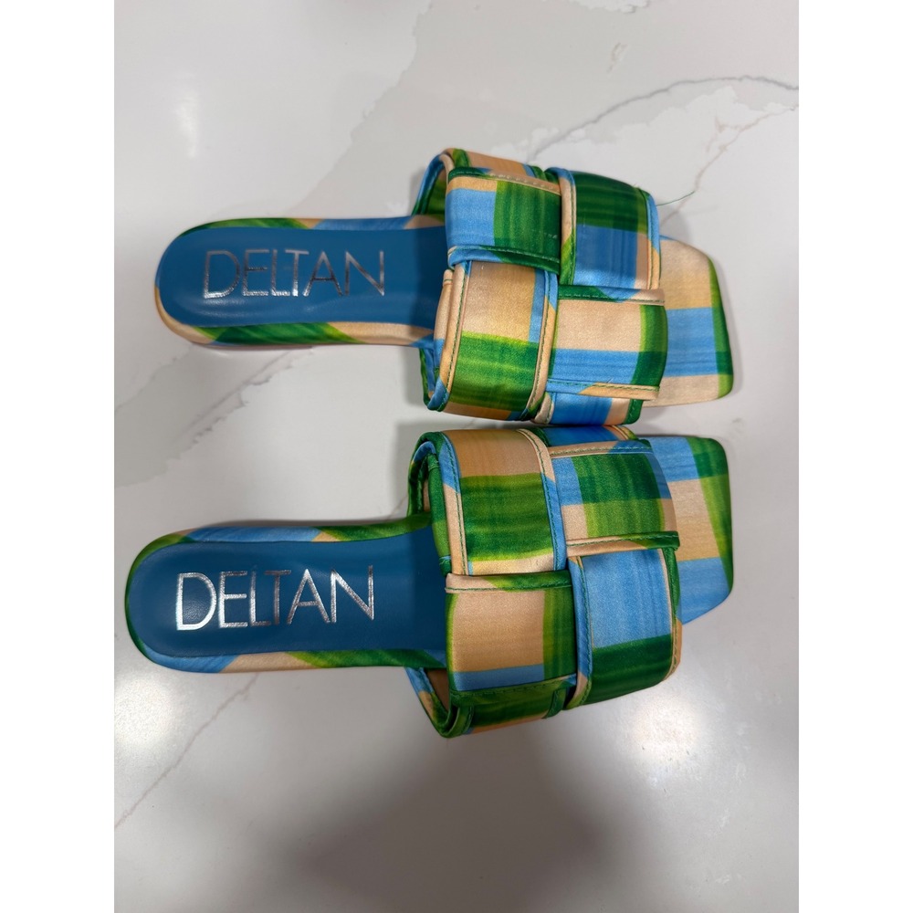 Deltan Woven Plaid Slide Sandals Green Blue Yellow Square Toe Leather Sole 6.5M - Picture 4 of 6